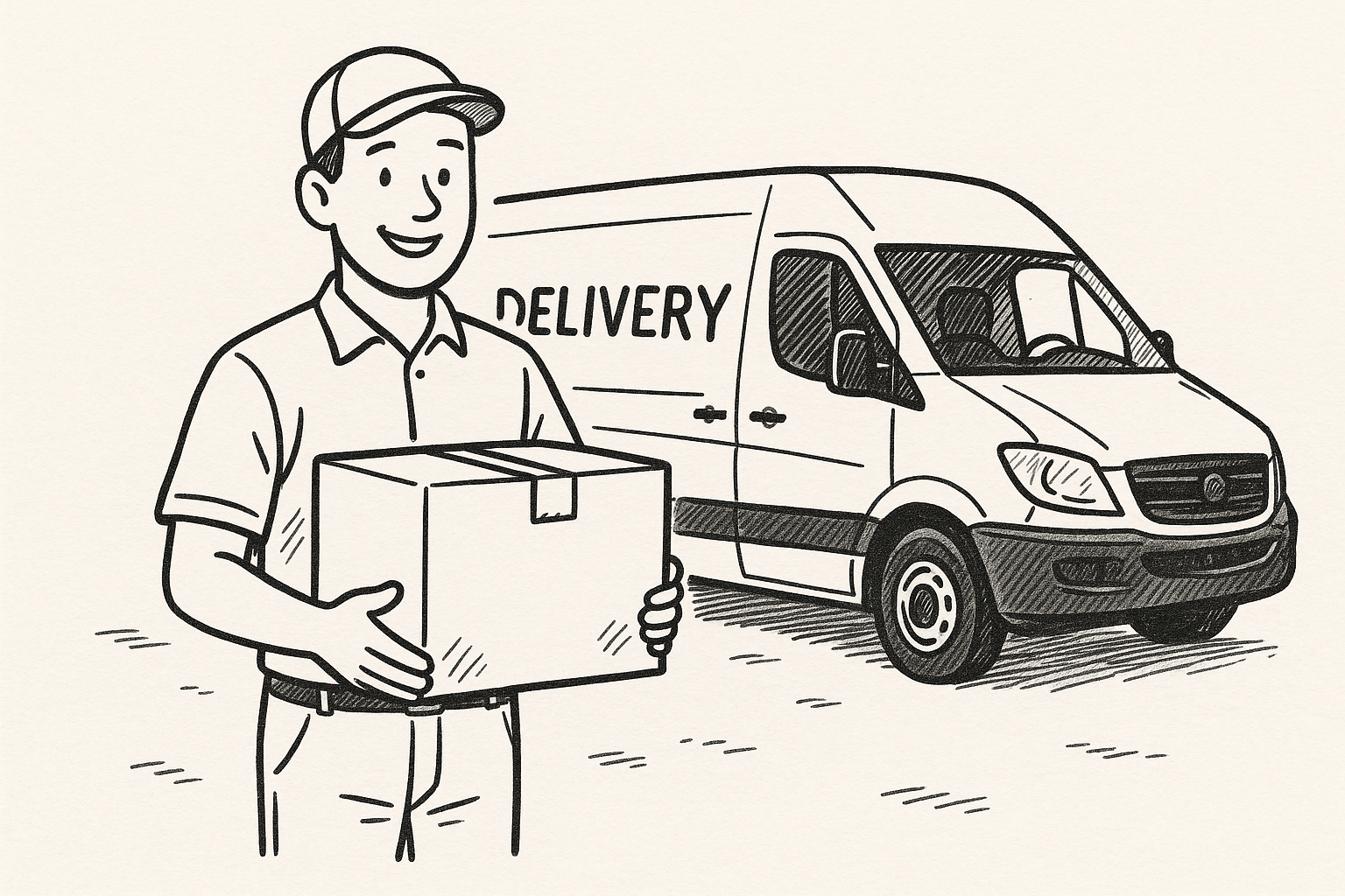 can you make a drawn image of a man delivering a box and a van