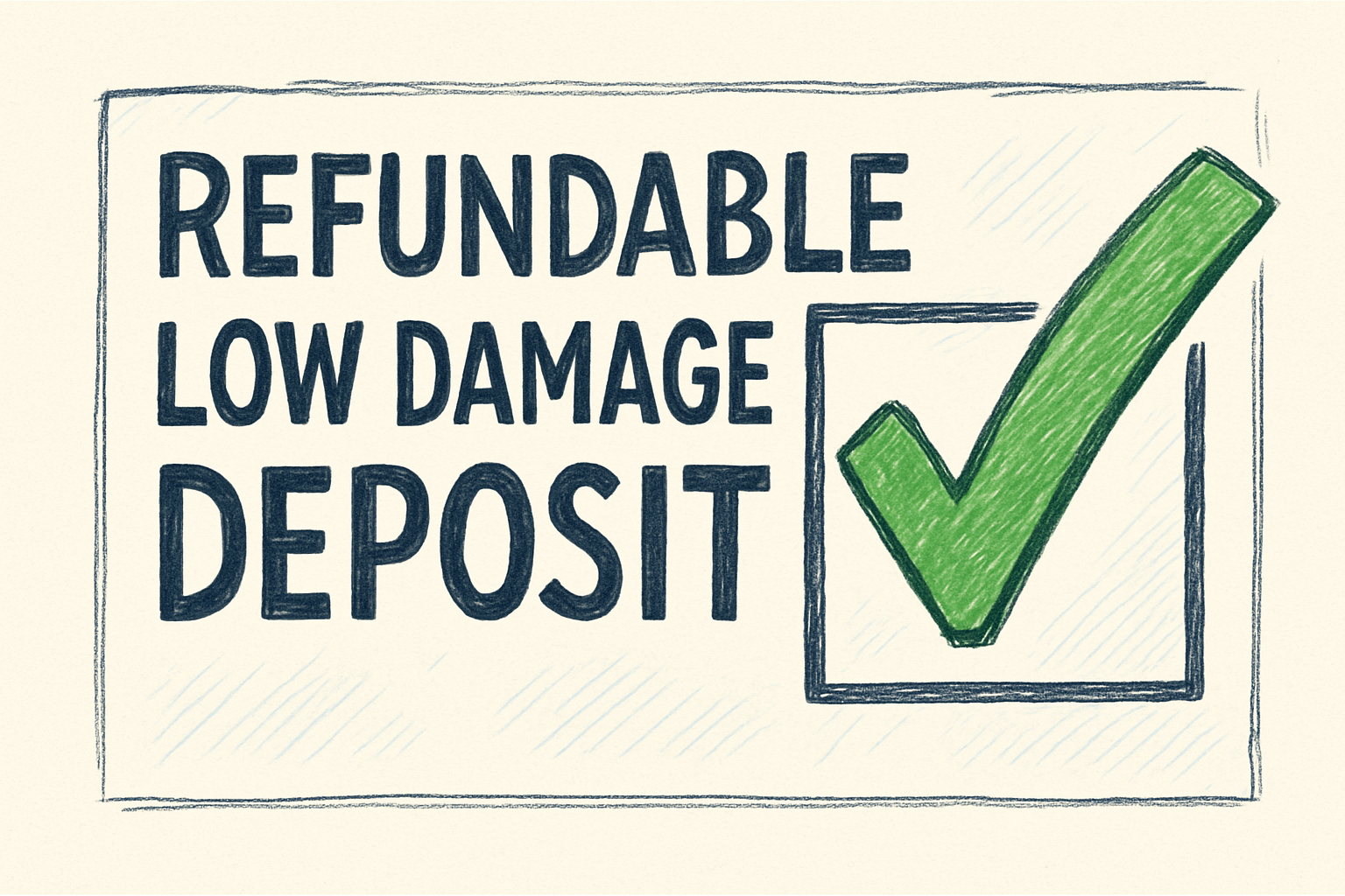 GENERATE A DRAWN IMAGE THAT SAY REFUNDABLE LOW DAMAGE DEPOSIT AND HAS TICK 